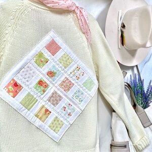 Farmhouse patchwork boho cable knit sweater w prairie granny cabin vibe